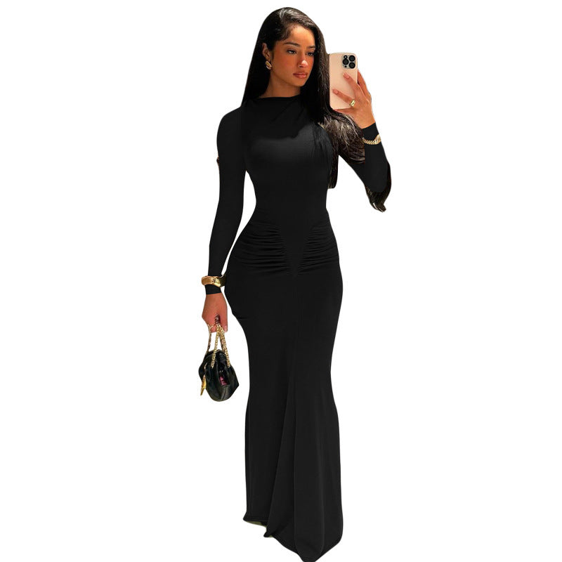 long sleeve pleated dress, view 5 - MRSLM
