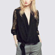 women's deep v-neck lace mesh top, view 4 - MRSLM