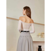 off-shoulder twist front sheer blouse, view 4 - MRSLM