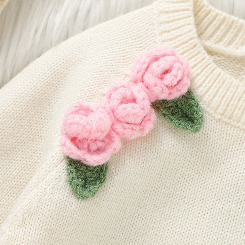 newborn baby girl knit bodysuit and floral hat set, view 7 - MRSLM