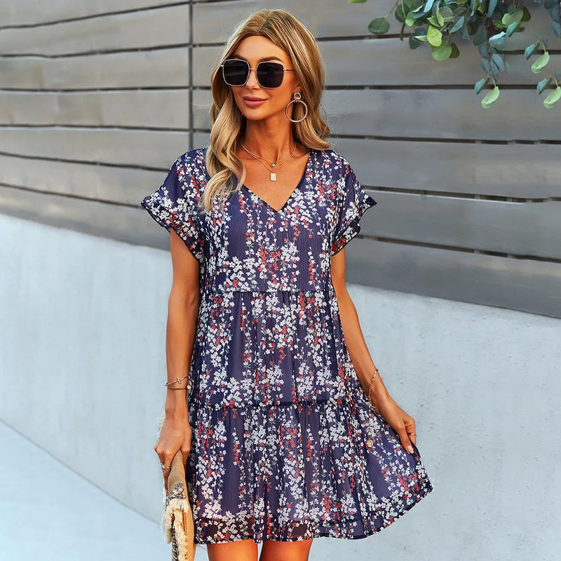 V-neck ruffled A-line dress, view 20 - MRSLM