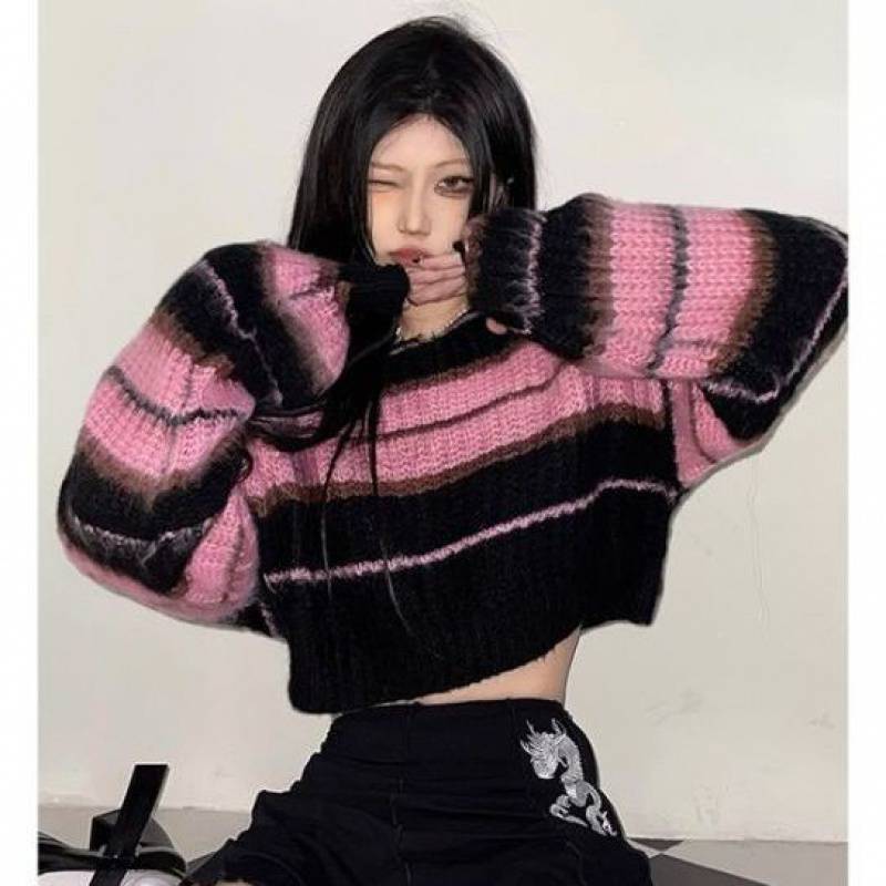 contrast color striped short knit sweater, view 3 - MRSLM