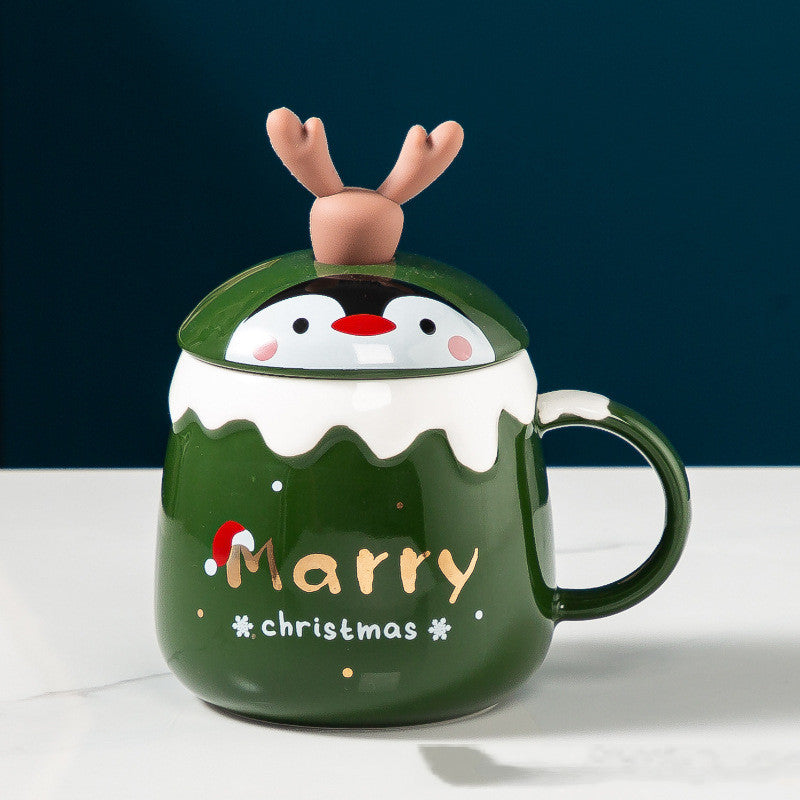 Christmas reindeer ceramic mug with lid and spoon, view 4 - MRSLM