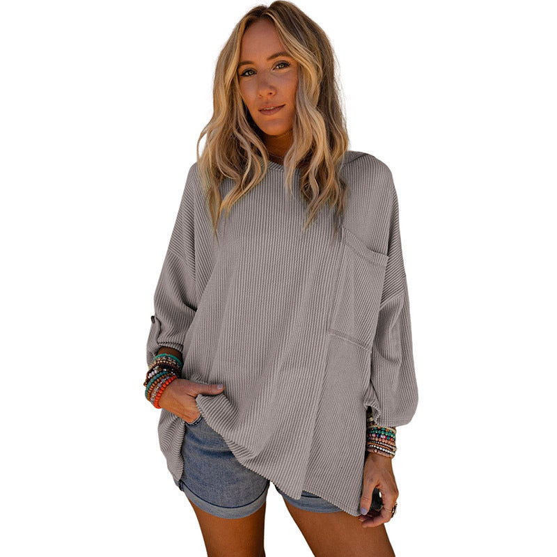 loose pocket ribbed long sleeve sweater, view 5 - MRSLM