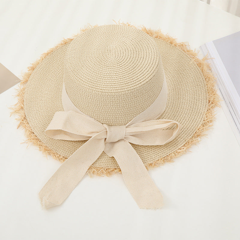 flat top straw sun hat with bowknot, view 4 - MRSLM