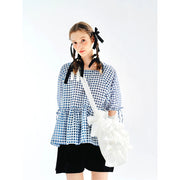 blue plaid puff sleeve shirt, view 4 - MRSLM