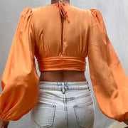 women's long sleeve deep v cropped top, view 6 - MRSLM