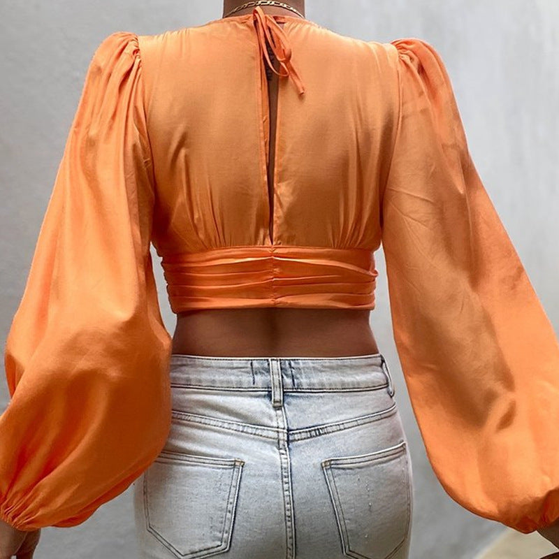 women's long sleeve deep v cropped top, view 6 - MRSLM