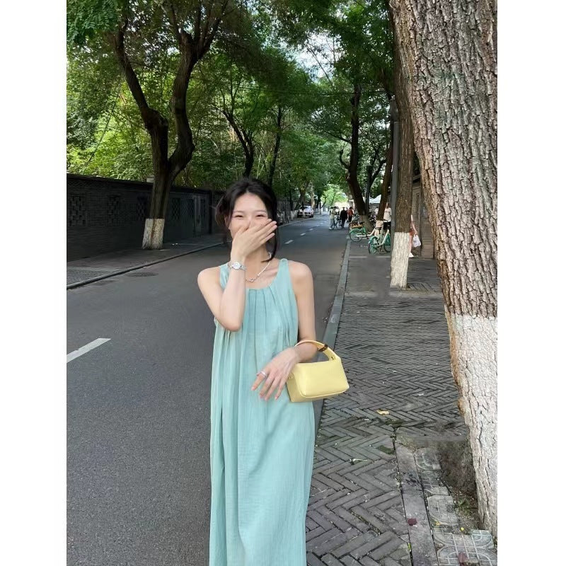 pea green halter long dress, view 4 - MRSLM