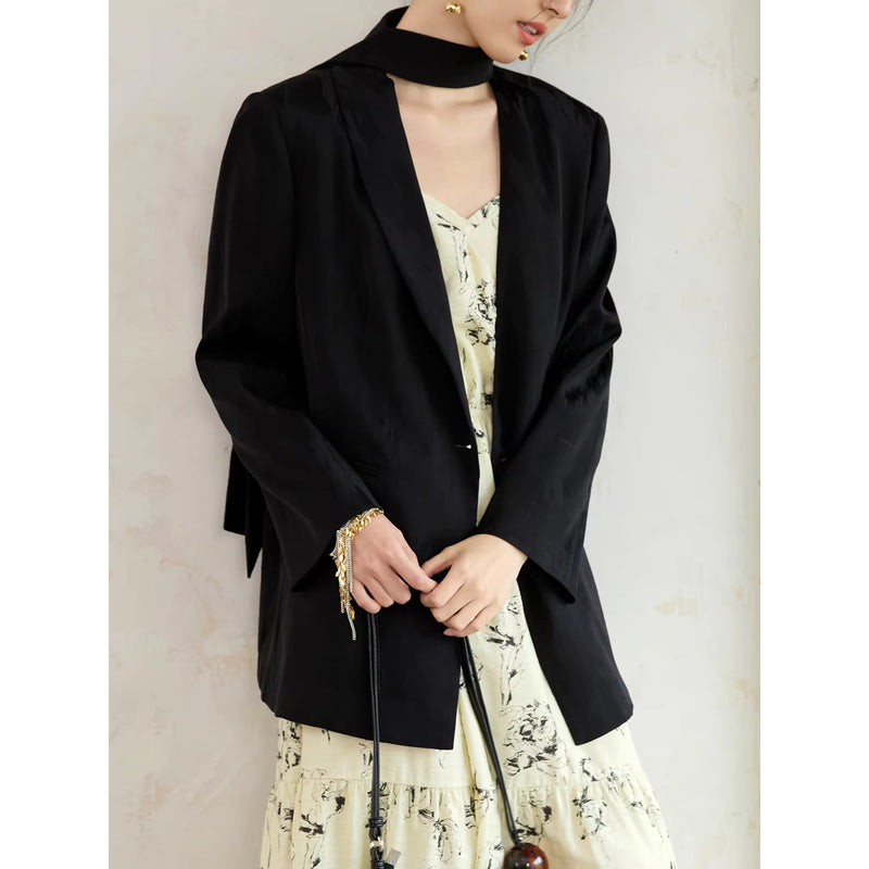 black blazer coat with neckline ribbon, view 3 - MRSLM