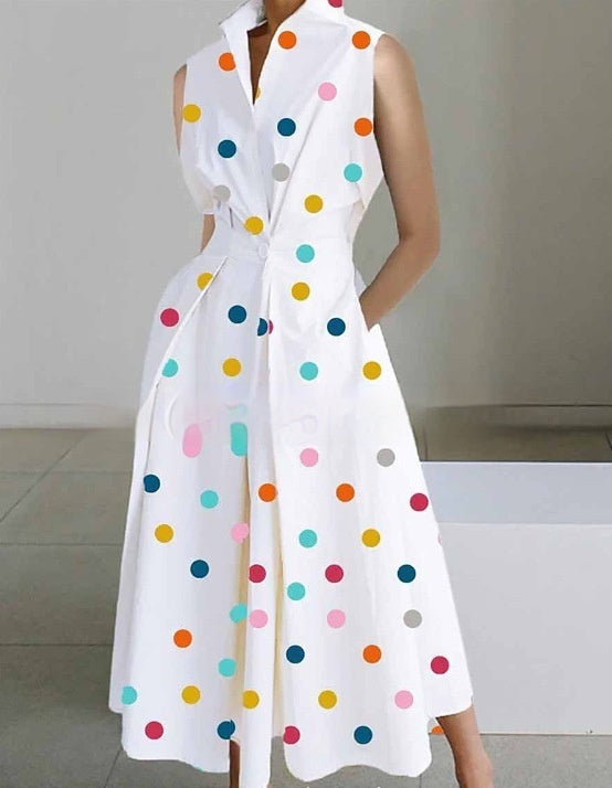 stand-up collar printed mid-length dress, view 4 - MRSLM