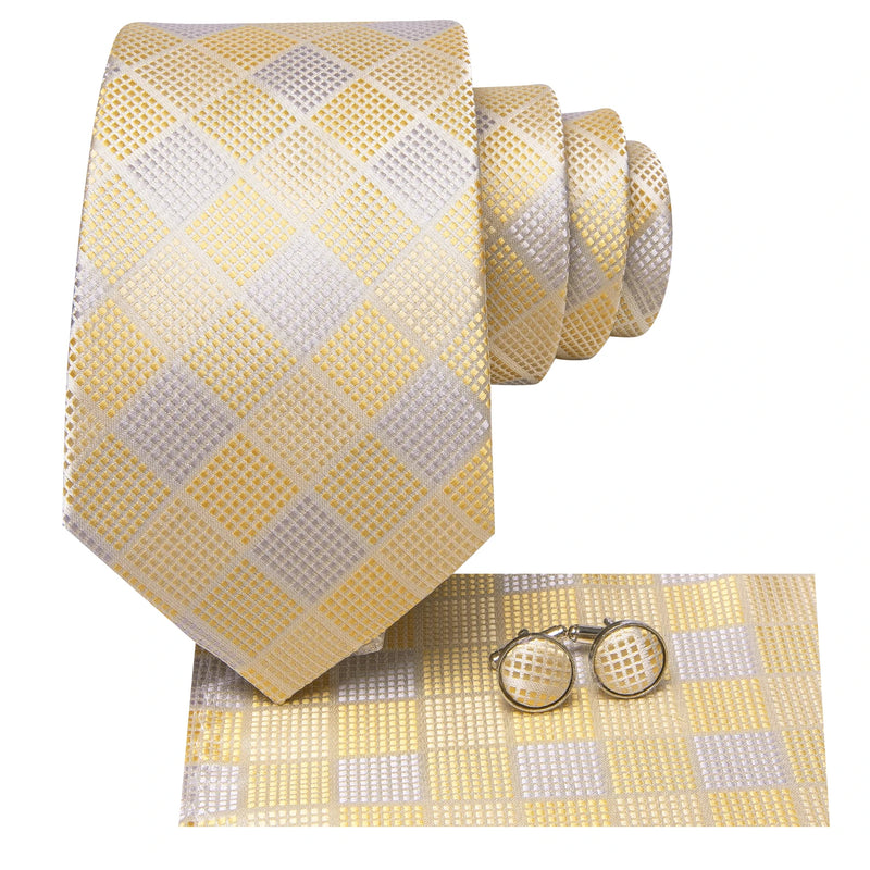 champagne plaid silk tie set for men, view 3 - MRSLM