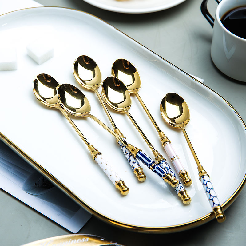 vintage gold ceramic dessert fork and spoon set, view 15 - MRSLM