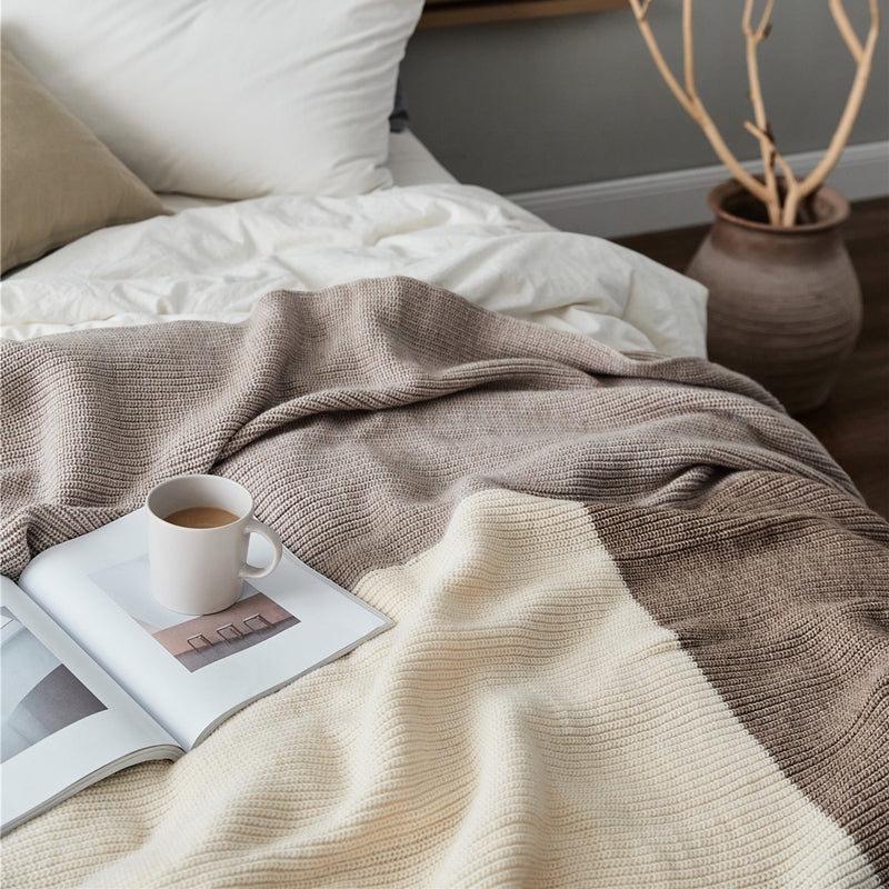 three-color knitted wool-blend blanket, view 4 - MRSLM