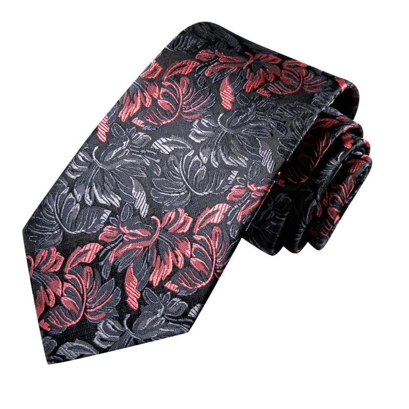 floral black and red silk necktie set for men, view 4 - MRSLM
