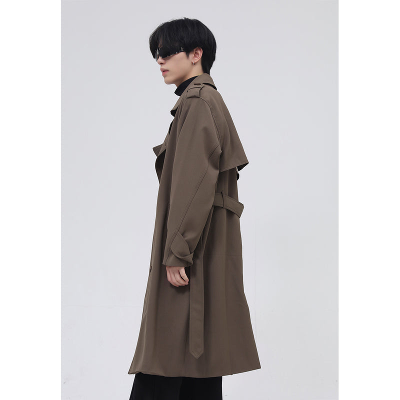 double breasted simple trench coat men with belt, view 6 - MRSLM