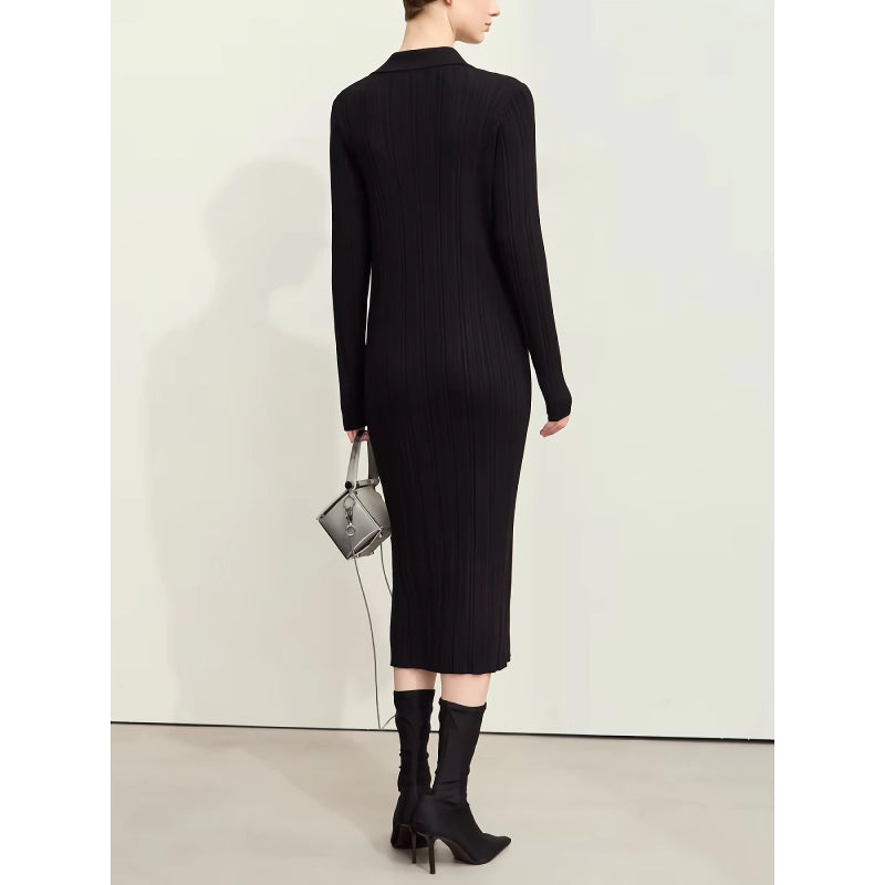 retro lapel knitted dress with metal buckle, view 5 - MRSLM