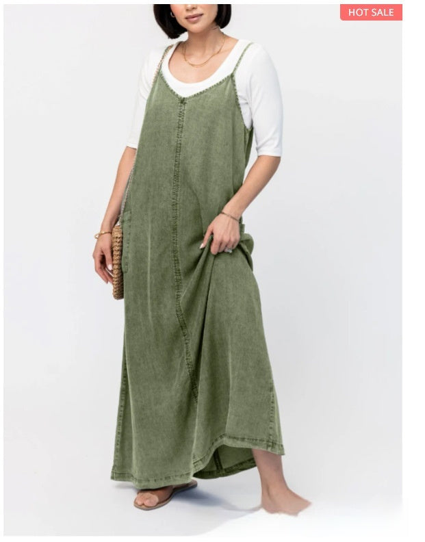 cotton suspender denim dress, view 5 - MRSLM