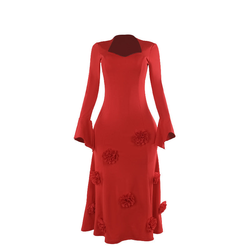 Slim fit peach collar flower dress, view 5 - MRSLM