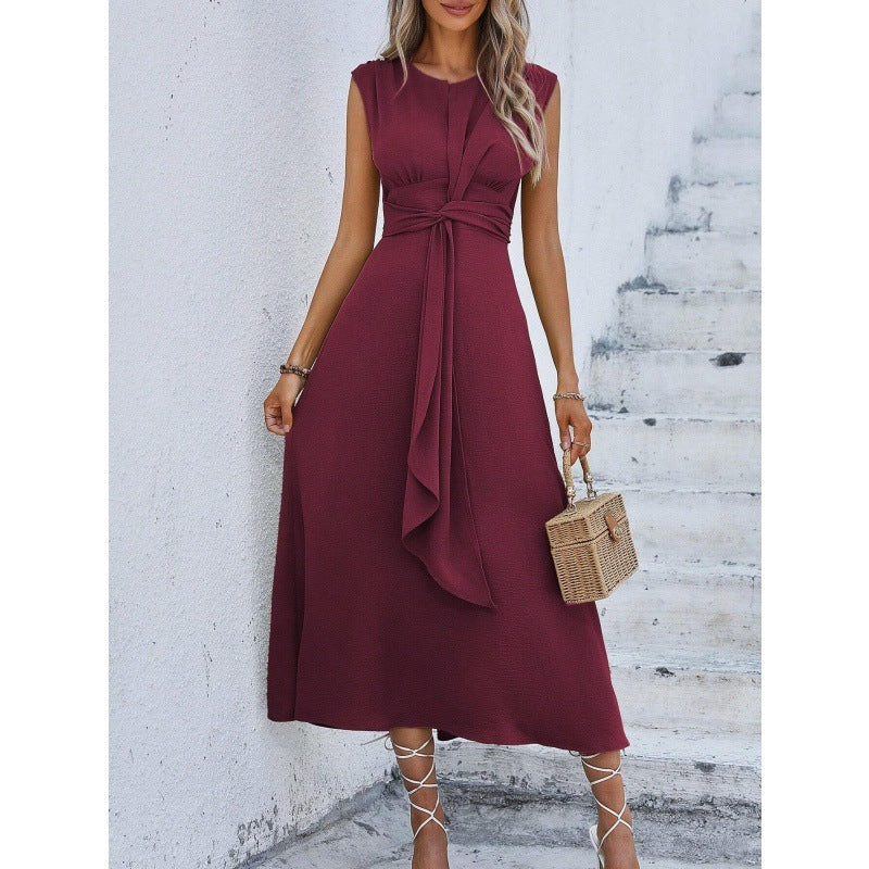 solid color waist tied dress for women, view 10 - MRSLM