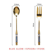 vintage gold ceramic dessert fork and spoon set, view 5 - MRSLM