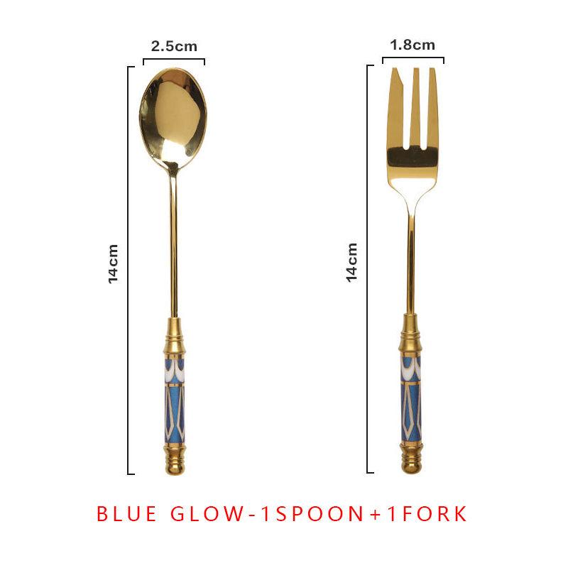 vintage gold ceramic dessert fork and spoon set, view 5 - MRSLM