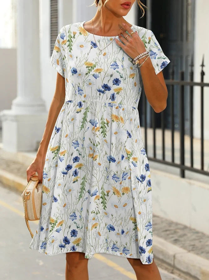 Round neck printed cotton dress, view 5 - MRSLM
