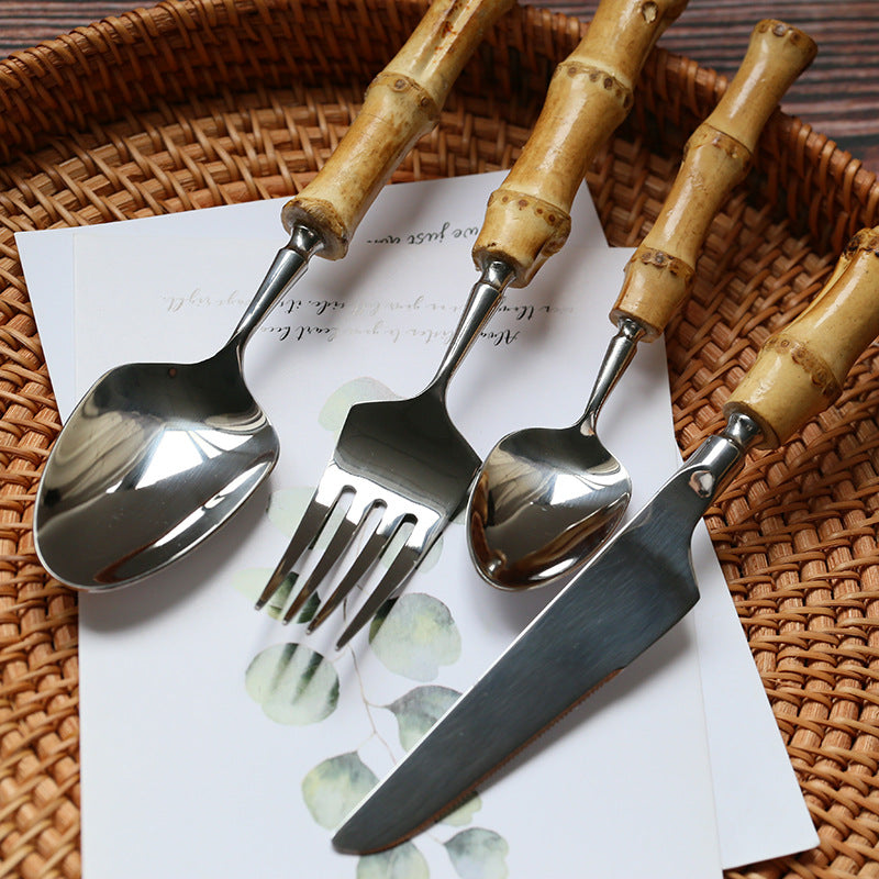 Mirror finish bamboo handle cutlery set, view 3 - MRSLM