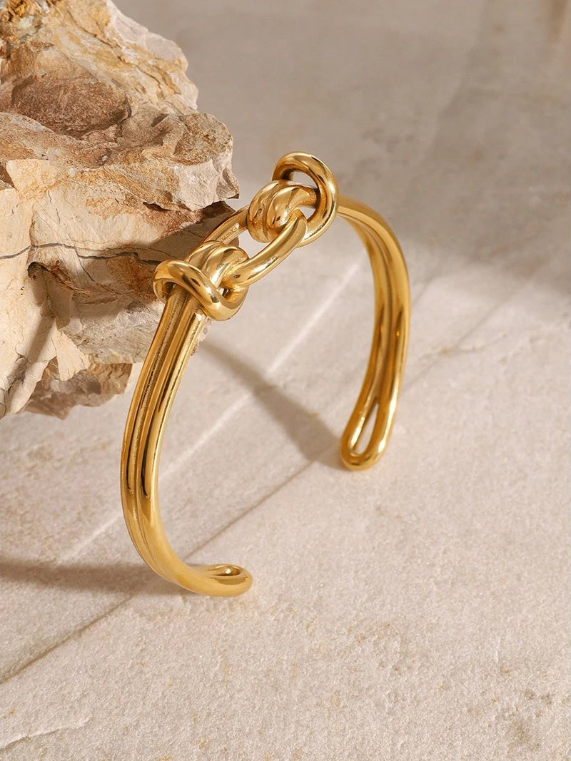 gold stainless steel geometric open cuff bracelet, view 4 - MRSLM