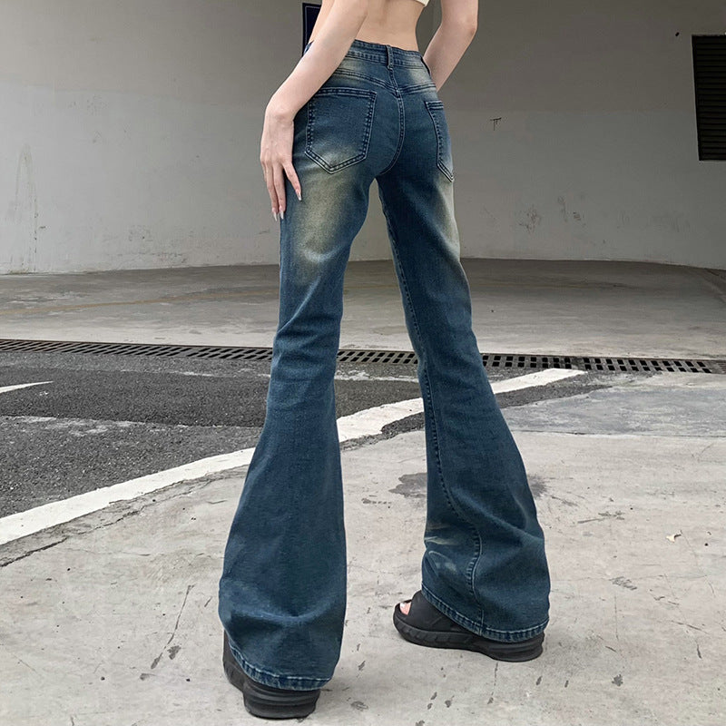 Street Style Gradient Split Flared High Waist Skinny Washed Jeans