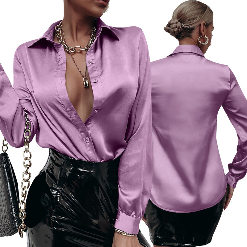 satin pleated long sleeve loose top, view 14 - MRSLM