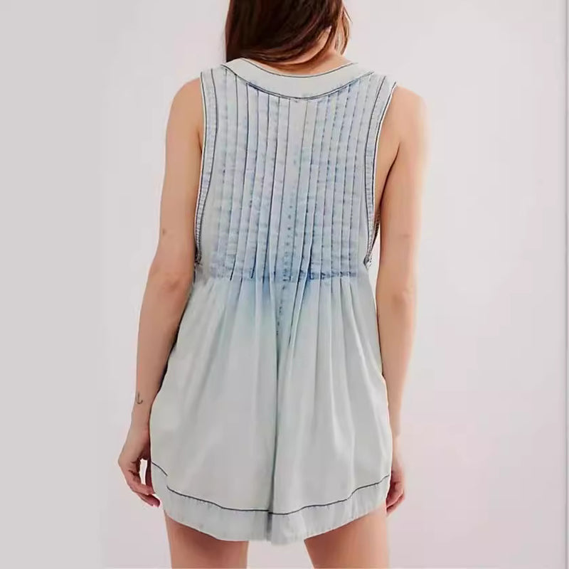 v-neck sleeveless denim shorts jumpsuit, view 3 - MRSLM