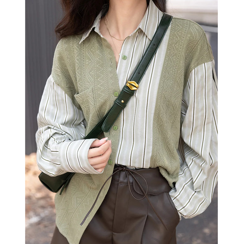Women's striped knit collar top, view 3 - MRSLM