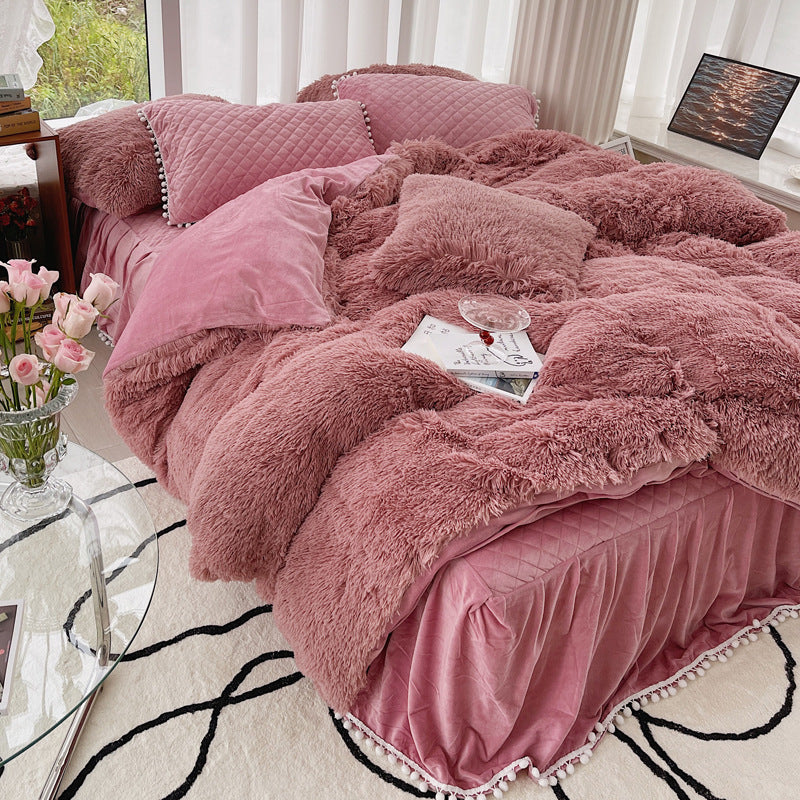 Milk Fiber Winter Faux Mink Bed Four-piece Long Plush Quilt Cover Coral Velvet Double-sided Plush Fleece-lined Quilted Bed Skirt Princess Style