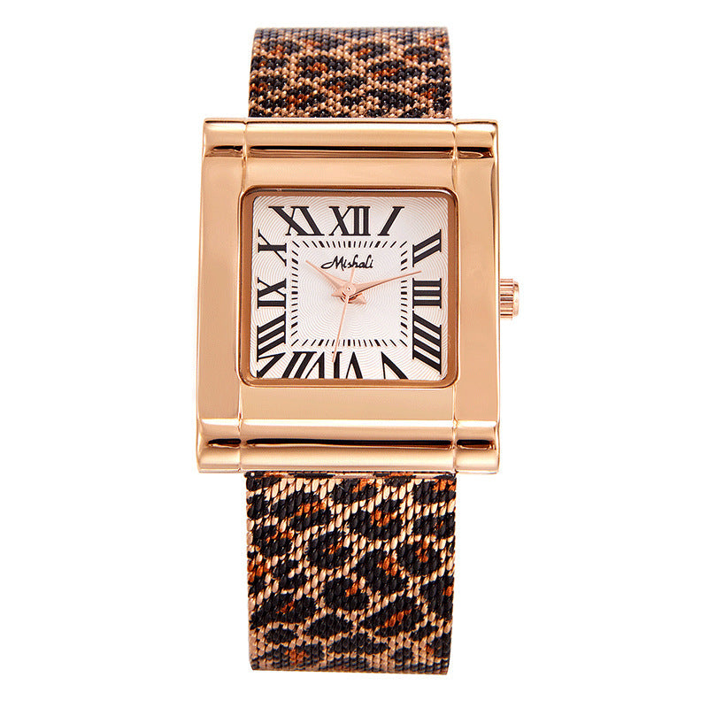 Women's leopard print mesh belt square watch, view 6 - MRSLM