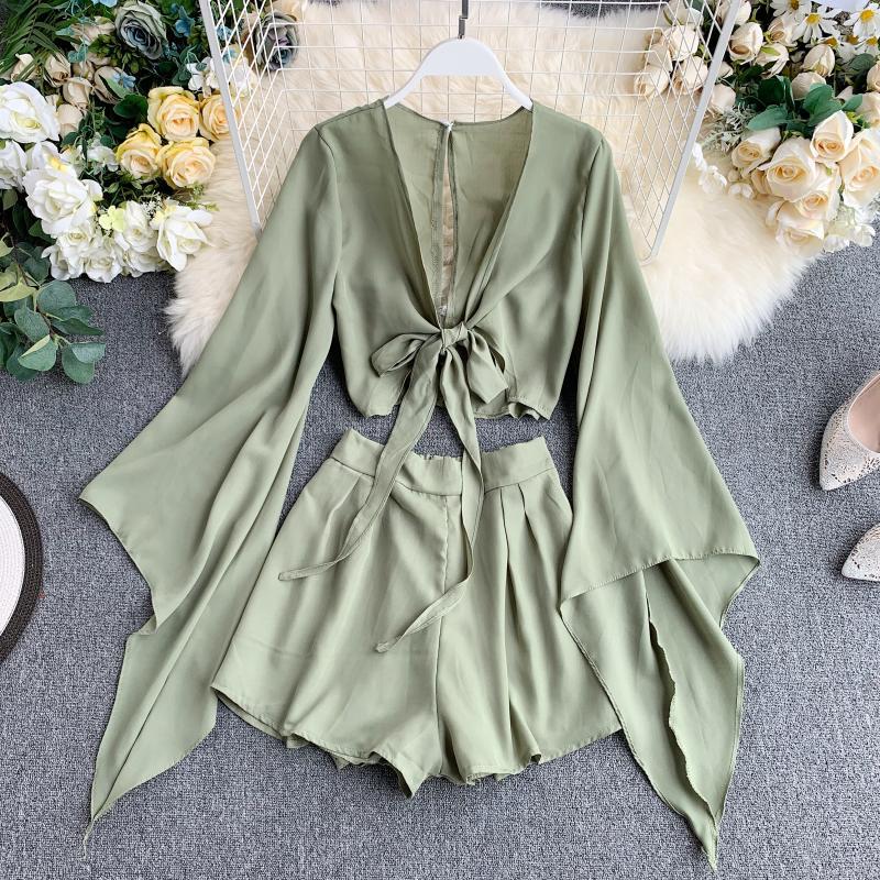 New Design Sense Bell Sleeve Chiffon Shirt High Waist Wide Leg Shorts Western Style Two-piece Suit