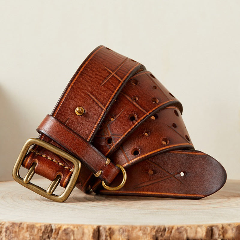 men's genuine leather double buckle belt, view 10 - MRSLM