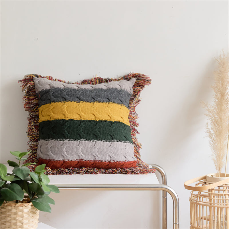 boho wool knitted fringed pillow, view 2 - MRSLM