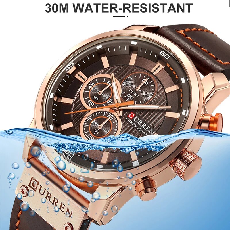 men's leather sports chronograph watch, view 6 - MRSLM