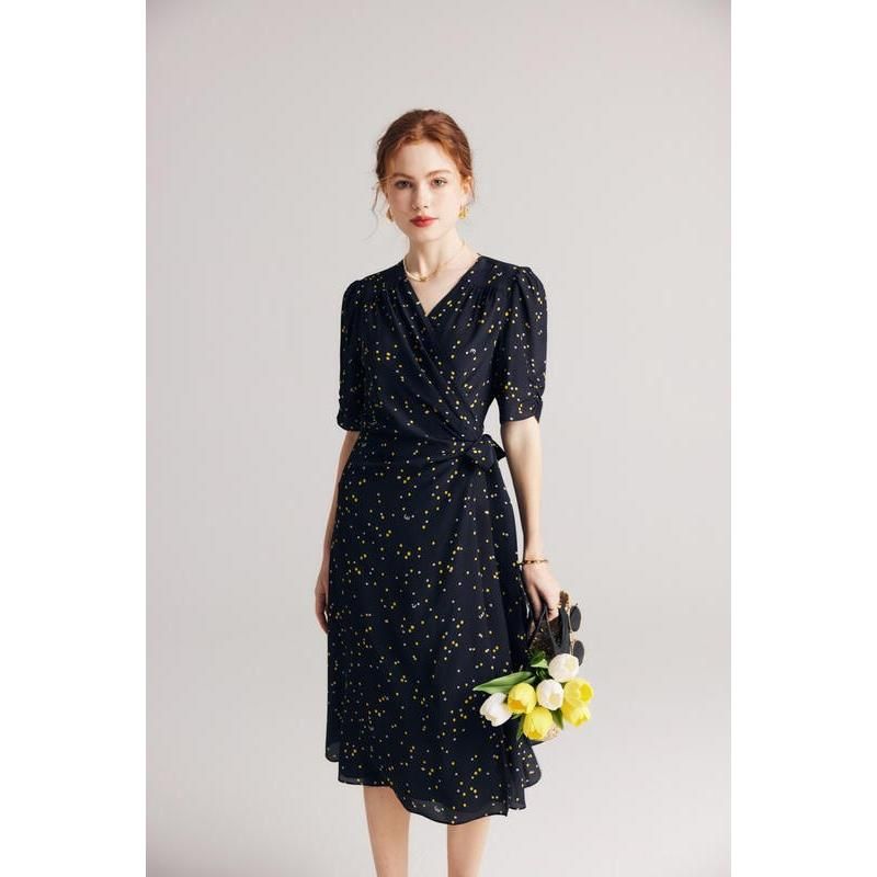 black polka dot silk dress, view 2 - MRSLM