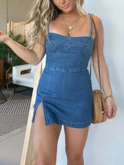Square neck suspender split denim dress, view 6 - MRSLM