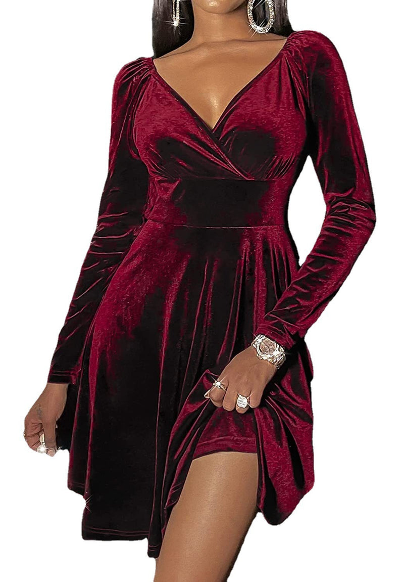 women's v-neck velvet swing dress, view 2 - MRSLM