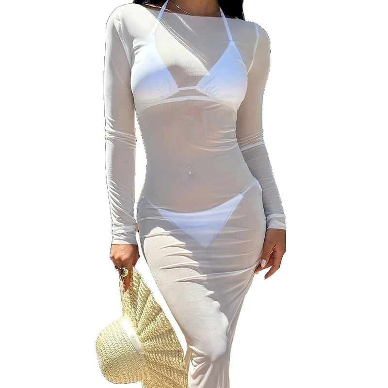 mesh sheer long-sleeve maxi dress, view 5 - MRSLM