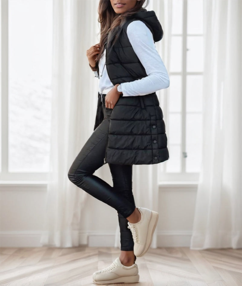 Women's long hooded puffer vest, view 3 - MRSLM