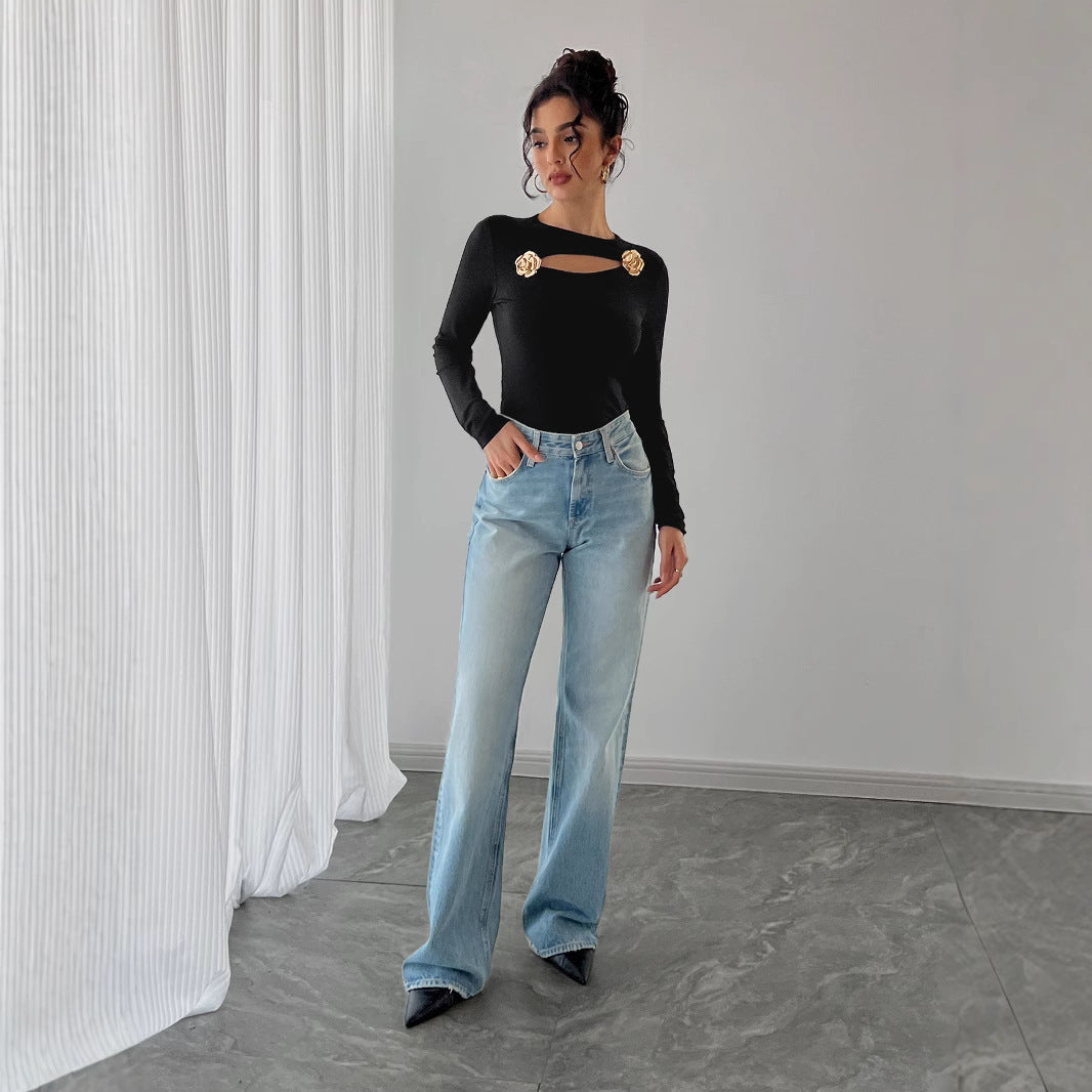 Women Hollow Rose Metal Decorative Black Tight Long Sleeve T-shirt