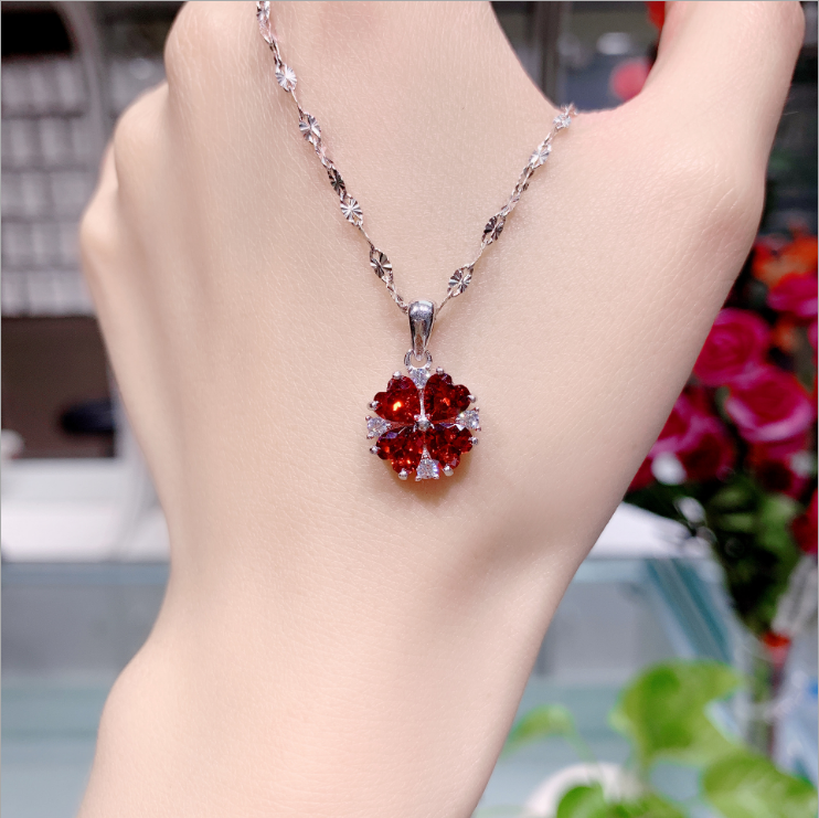 silver red zircon lucky grass collar chain, view 5 - MRSLM