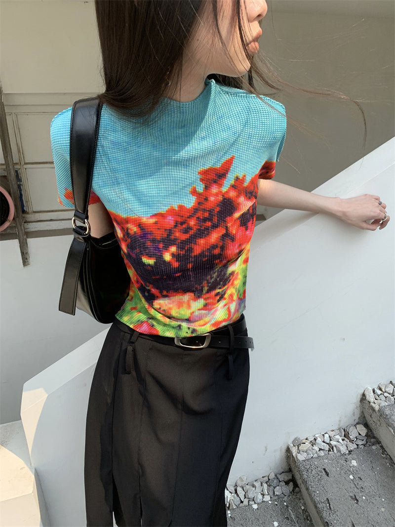 women's printed pleated round neck top, view 4 - MRSLM