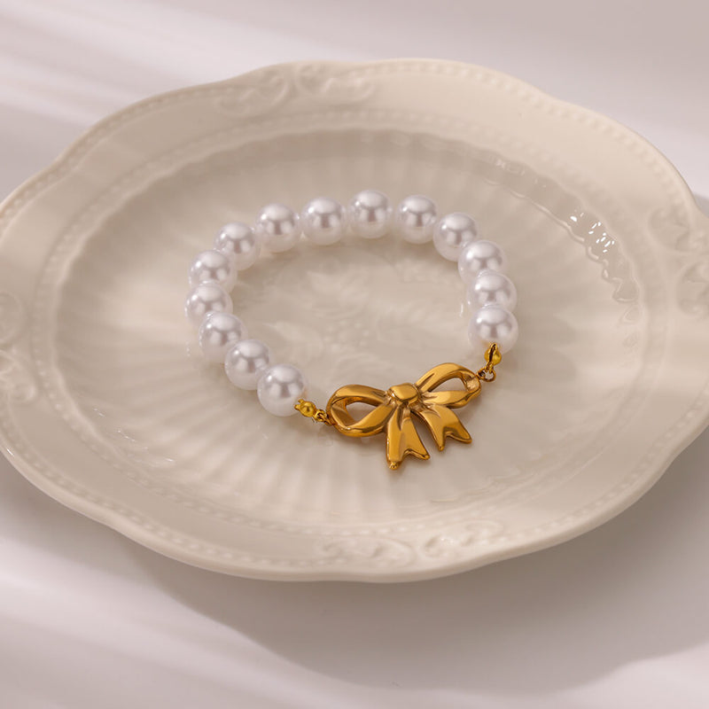 gold bowknot bracelet with imitation pearls, view 5 - MRSLM