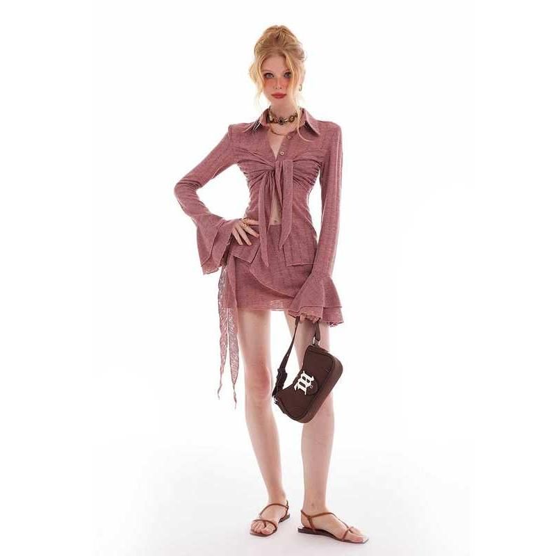 pink striped knit two-piece set, view 3 - MRSLM