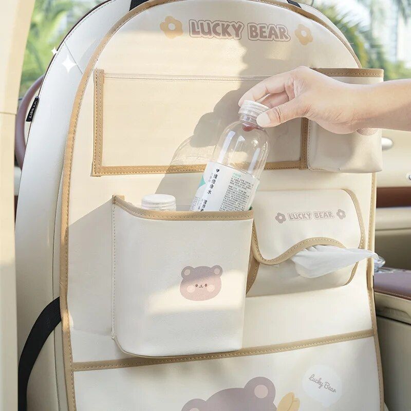 Bear-Themed Car Seat Organizer with Protective Kick Mat